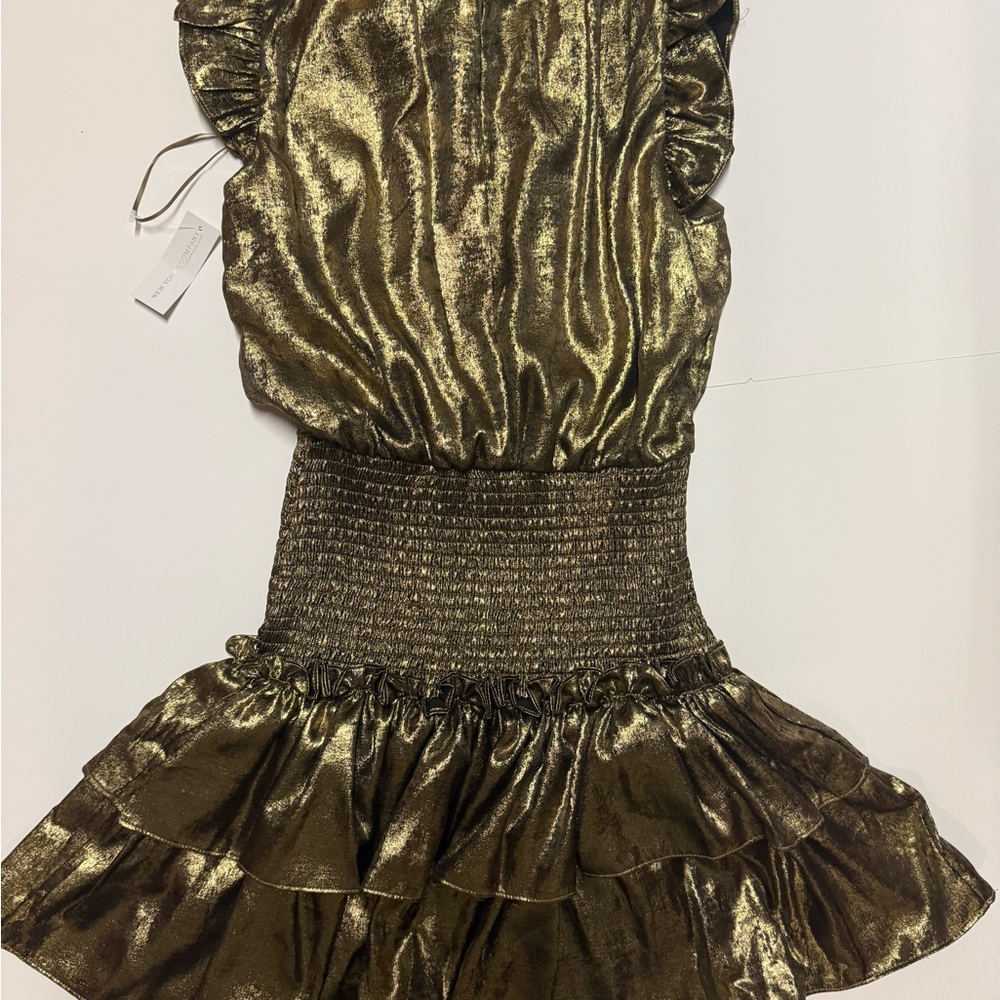 New York & Company Shiny Gold Dress with Ruffles